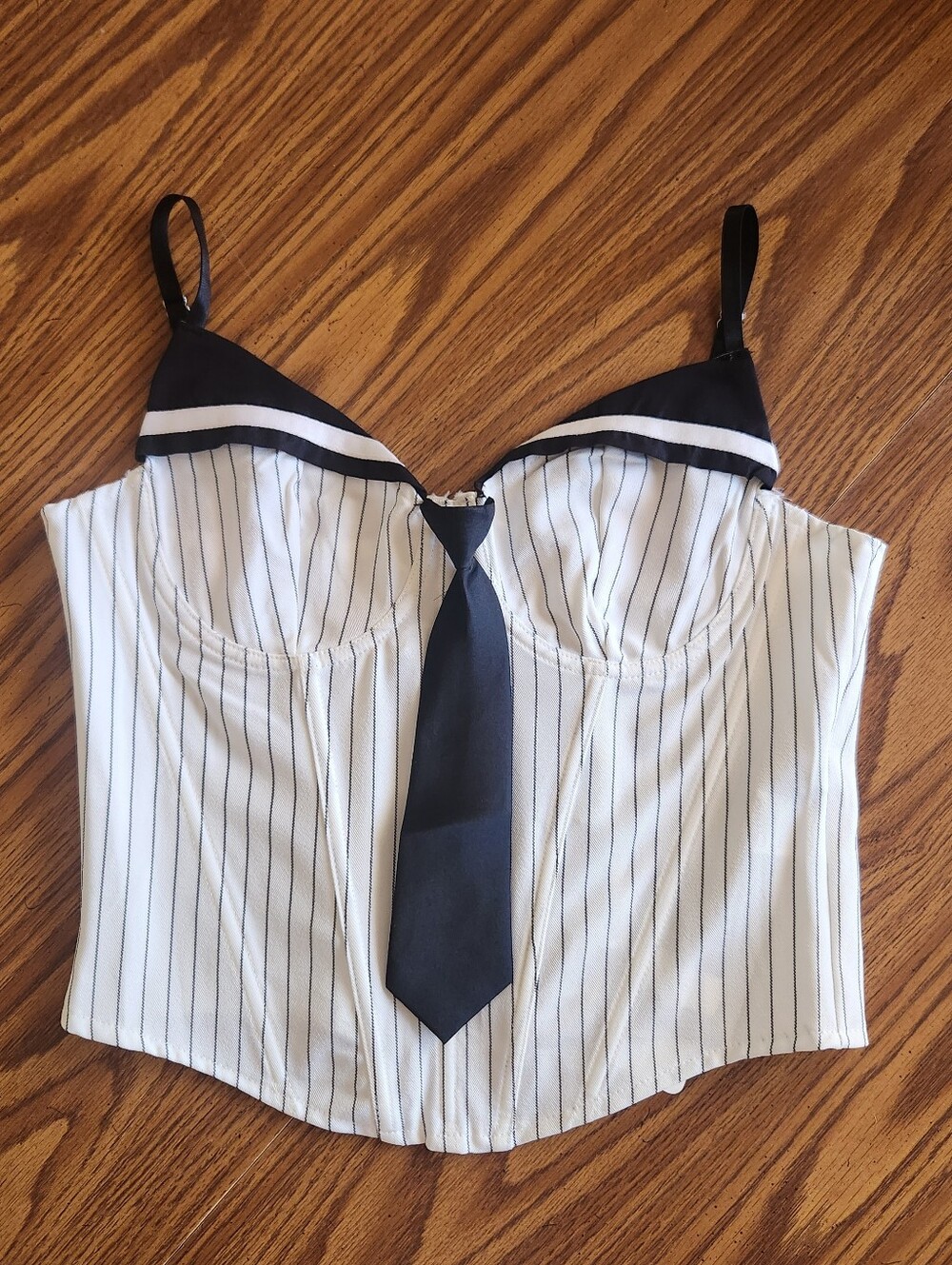 Striped White and Navy Tie-Front Corset Crop Top